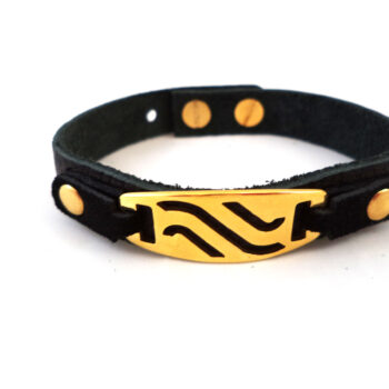 دستبند چرمی اصل استیل 316 طلایی رنگ طرح موج چرم مشکی