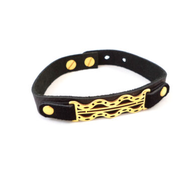 دستبند چرمی اصل استیل 316 طلایی رنگ طرح موسیقی چرم مشکی
