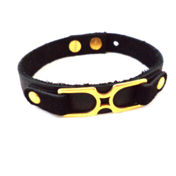 دستبند چرمی اصل استیل 316 طلایی رنگ طرح عینک چرم مشکی